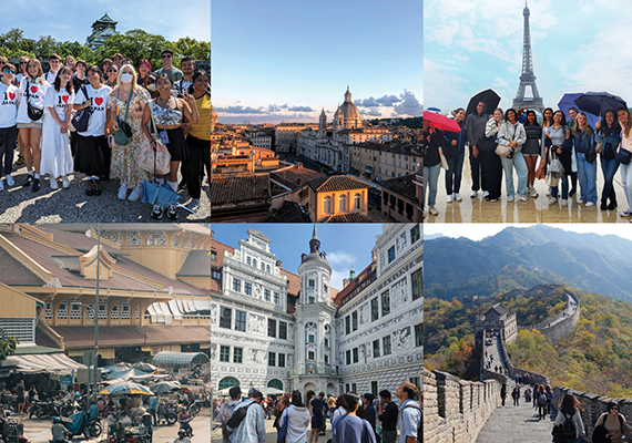 Scenes of people and buildings from many countries