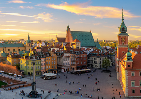 Warsaw, Royal castle and old town at sunset